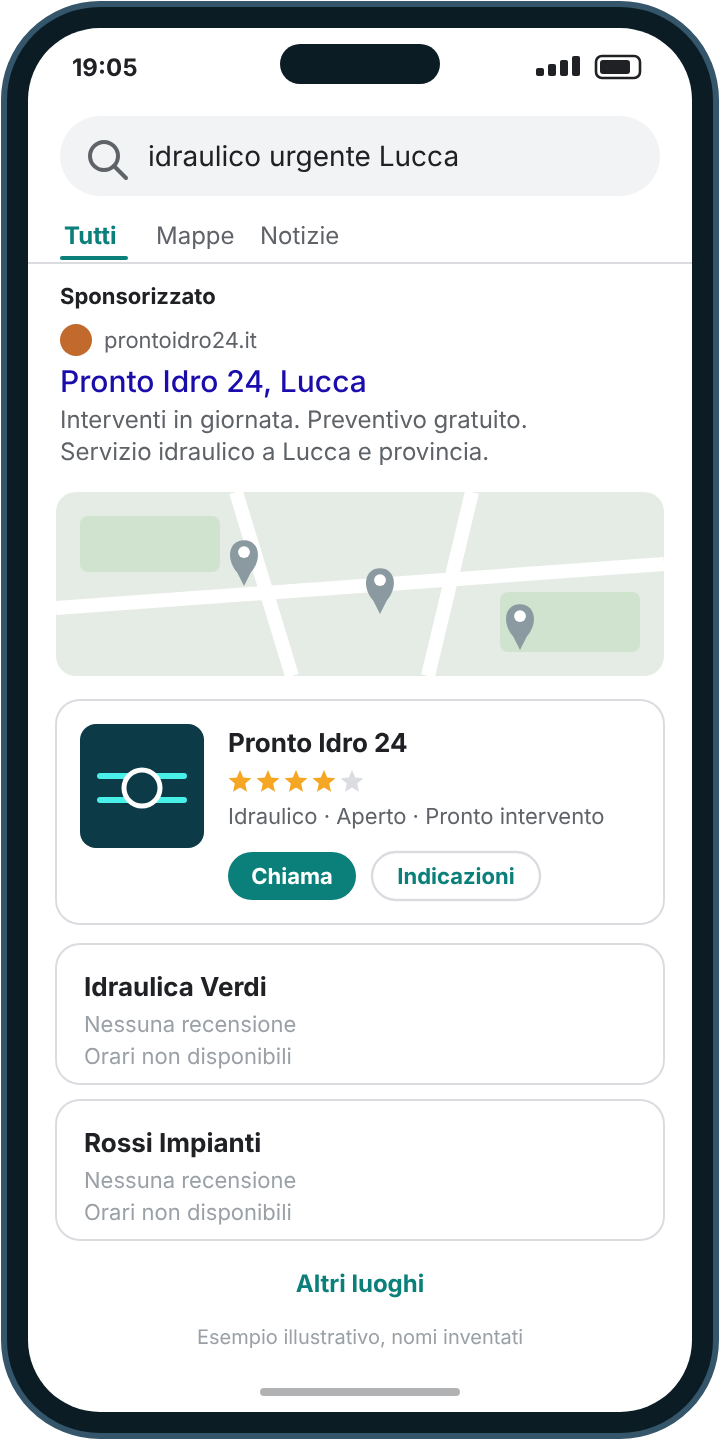 Esempio: su Google compare un altro idraulico, con la scheda completa, e tu non ci sei