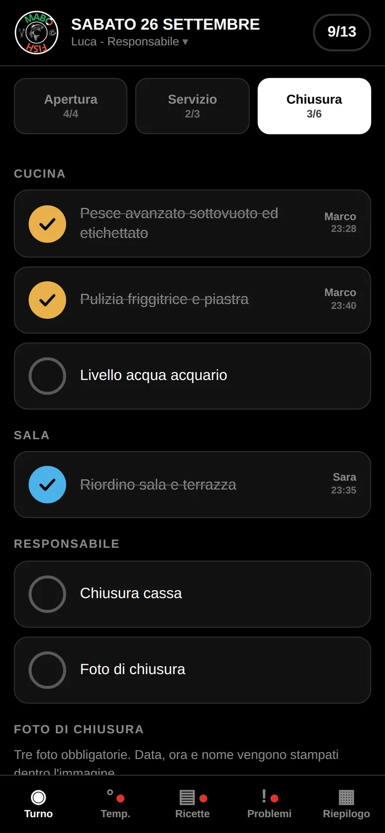 App turni di Mabo Fish: checklist di chiusura
